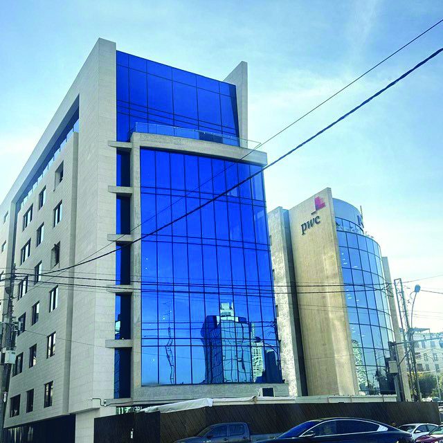 Commercial building with red accent
